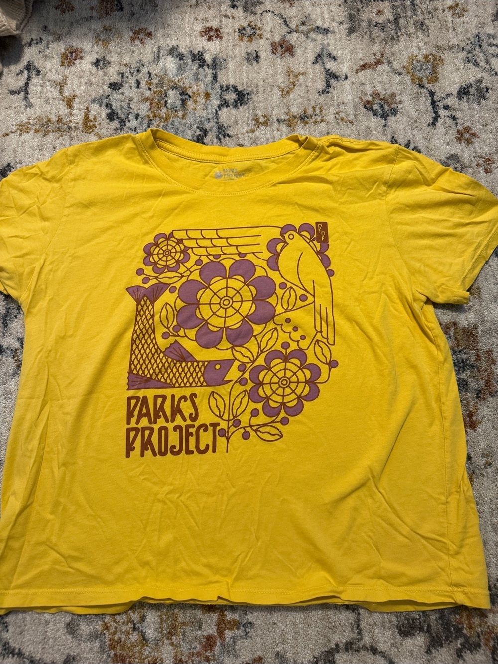 Parks Project Bright Yellow Tee with Purple Floral & Bird Graphic